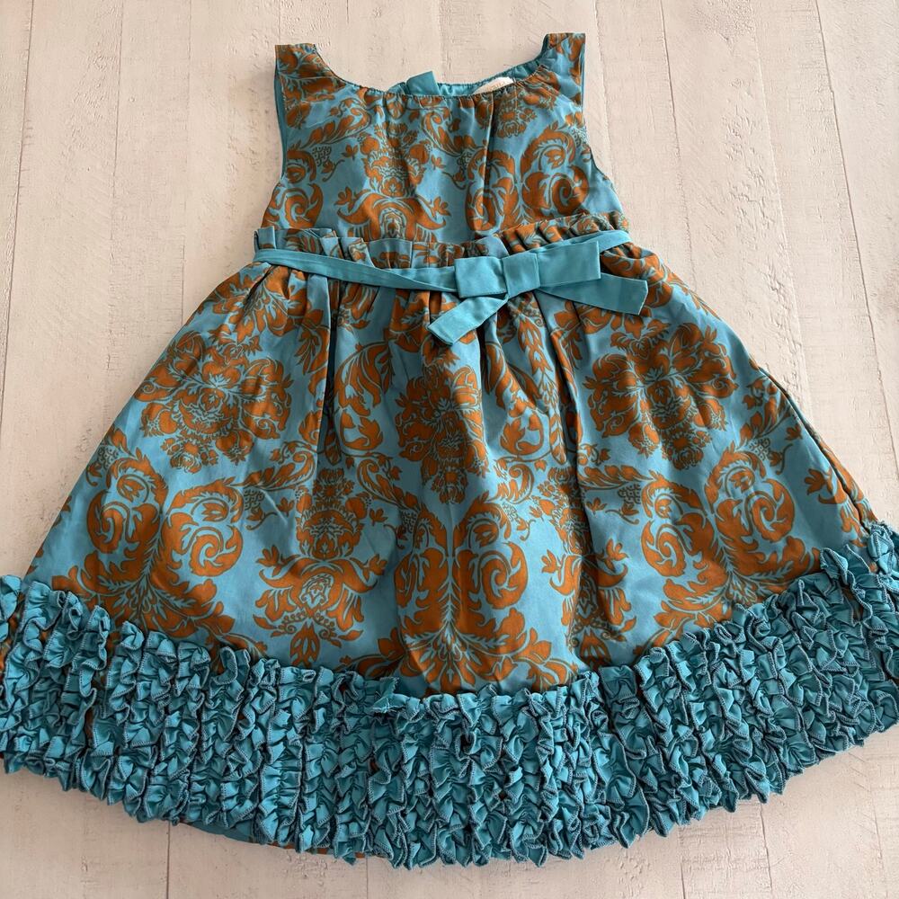 Trish Scully Child Teal and Golden Brown Boho Vibes Damask Dress Size 3T EUC